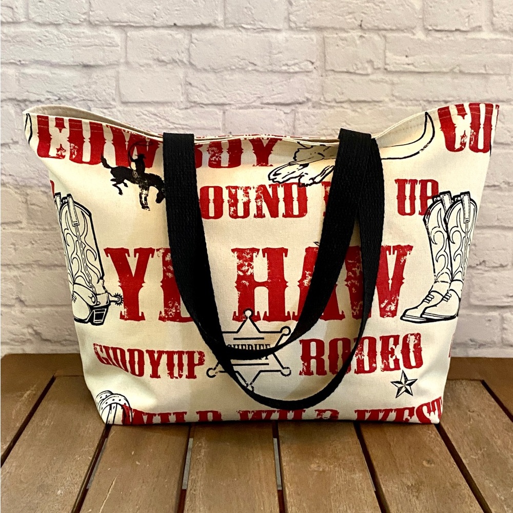 Handmade Foldable Travel/Market Tote - Red Text Western Cowboy Theme